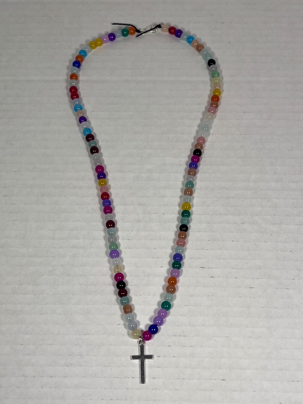 Silver Cross Multi-Color Glass Bead Necklace ~23 inches